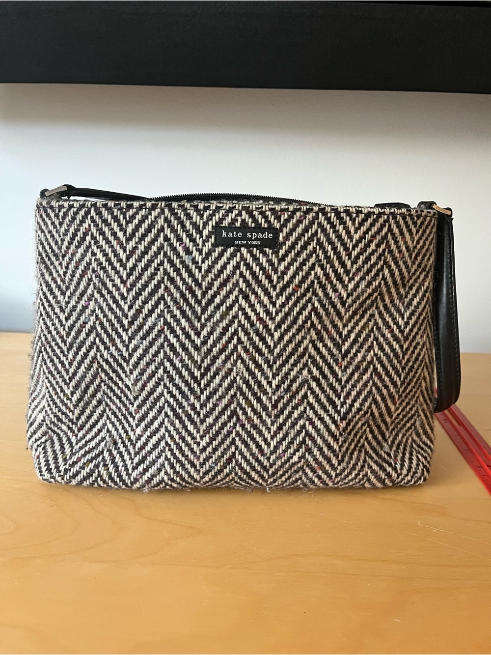 kate spade Black & Cream Herringbone carpet bag with leather shoulder strap